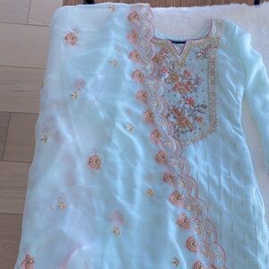 Light blue embroidered georgette straight suit size XXS (32)